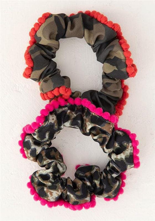 Hair Ties - Pom Pom Scrunchies - Camo/Cheetah S/2