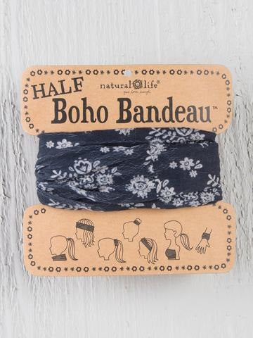 Headband - Boho Bandeau Half - Black with Cream Floral